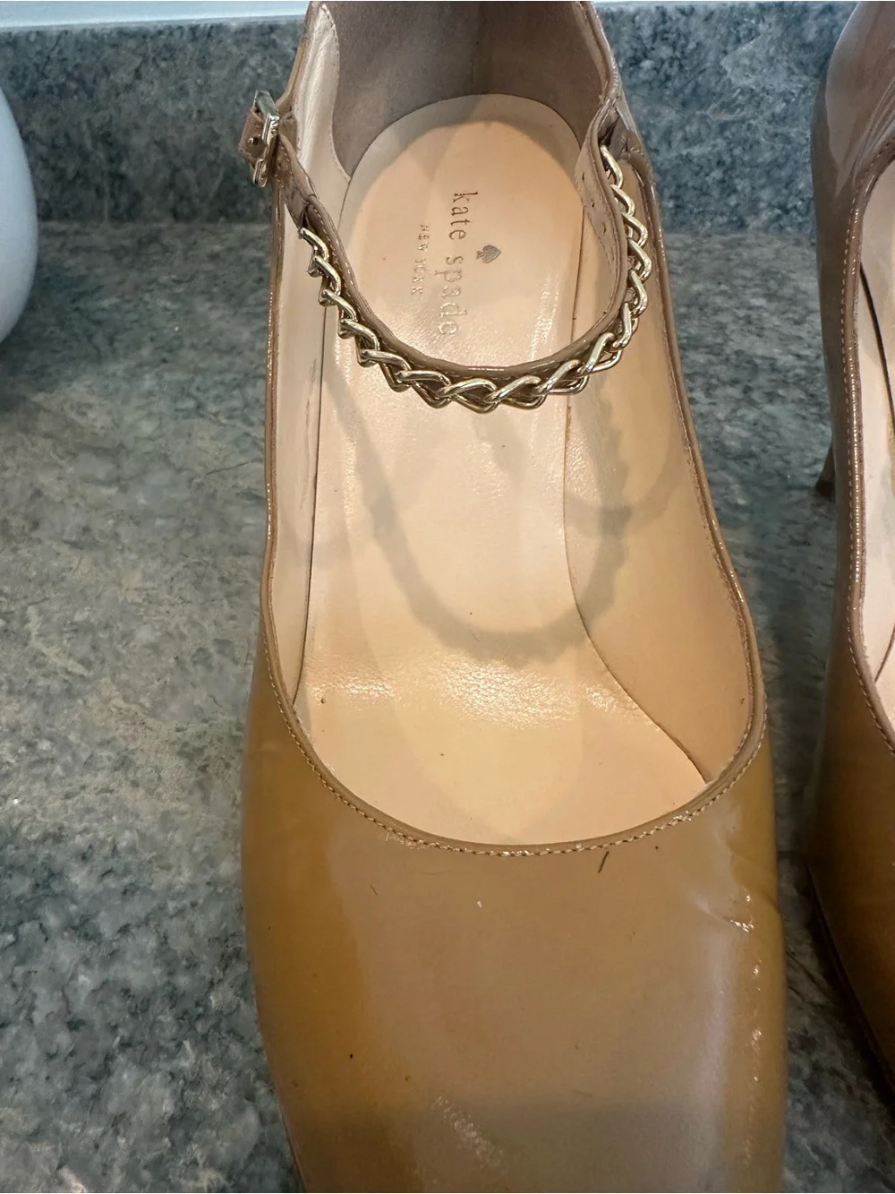 kate spade Glossy Tan Mary Jane Pumps with Chain Strap